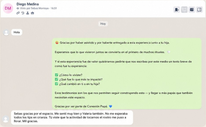 Reseña real de WhatsApp de Diego después de vivir Trenzas y Recuerdos