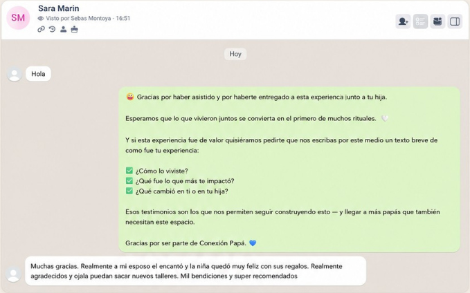 Reseña real de WhatsApp de Sara después de vivir Trenzas y Recuerdos